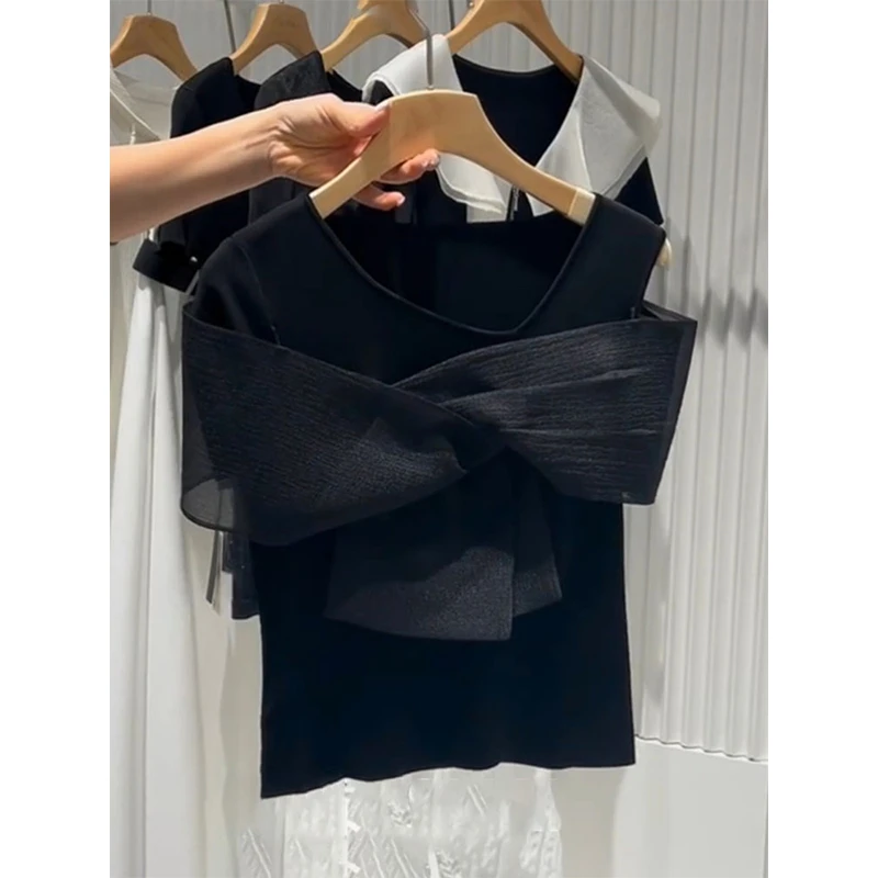 高级感精致千金感黑色上衣2025夏季款小众设计蝴蝶结别致露肩T恤