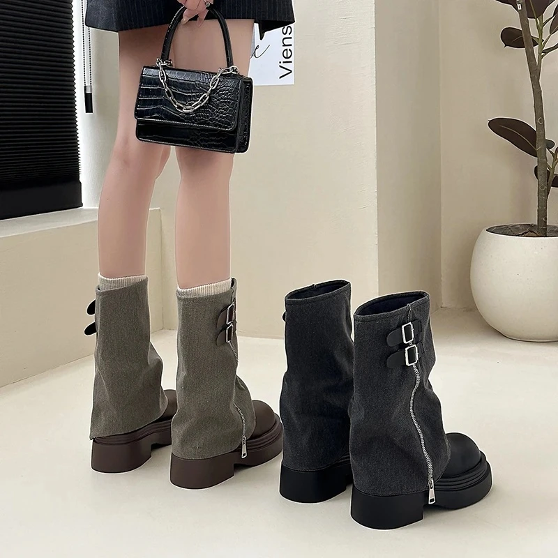 三福厚底增高马丁靴女2025新款秋复古英伦风小个子侧拉链裤管靴女