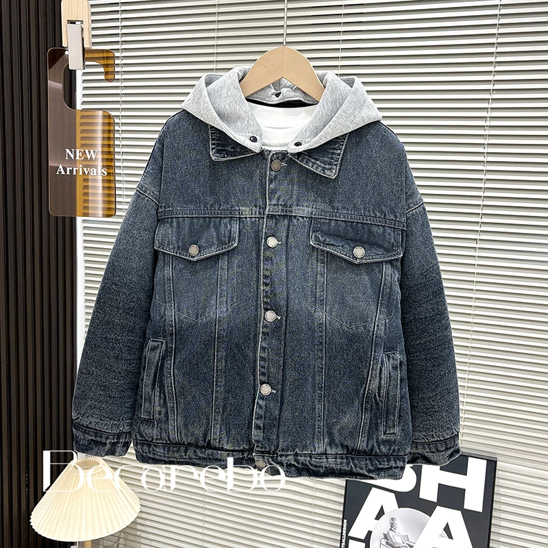 【夹棉加厚】青少年童装男童冬装牛仔外套大童秋冬保暖男孩儿童衣服