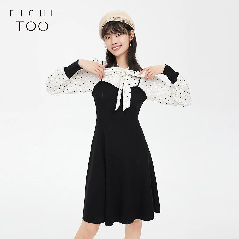 爱居兔女装中长裙系带撞色假两件针织连衣裙EQLSJ3M002A