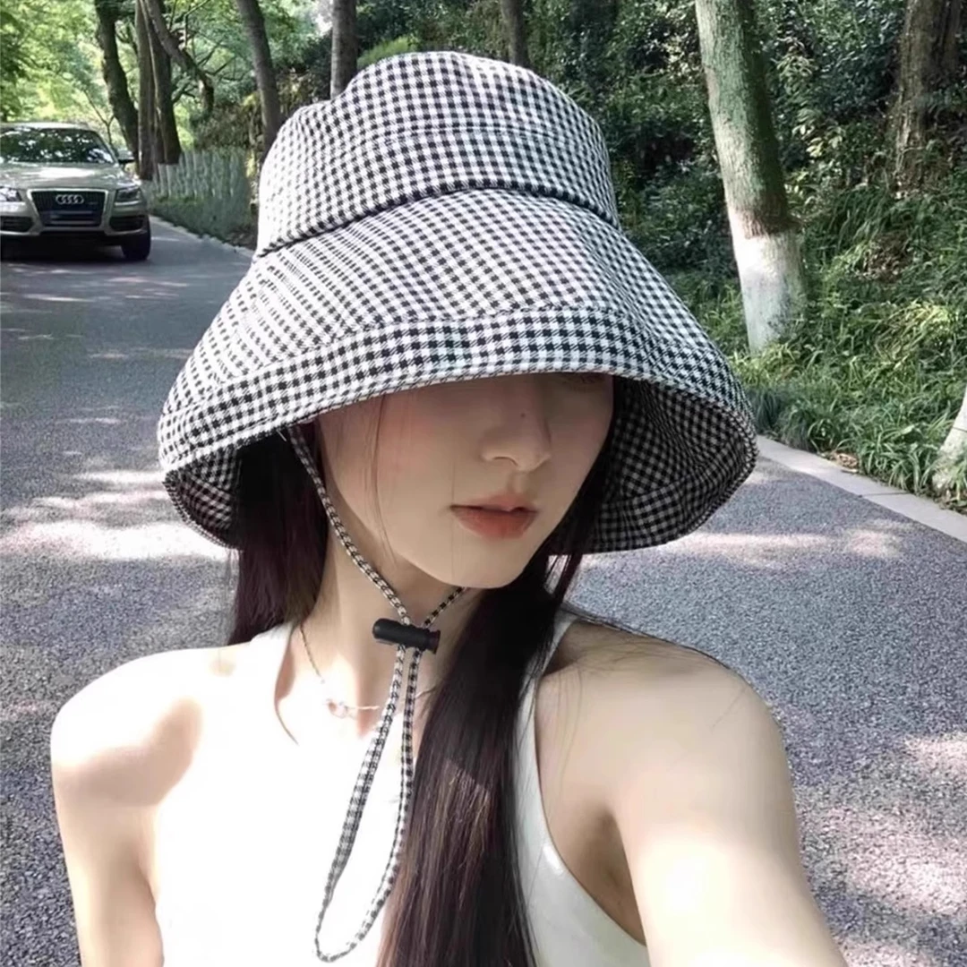 千鸟格大檐防晒遮阳渔夫帽女春夏2025新款户外透气防紫外线太阳帽