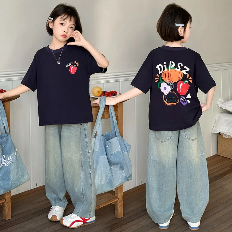 女童夏装套装2025新款大童洋气时髦短袖T恤牛仔裤子儿童装孩夏季