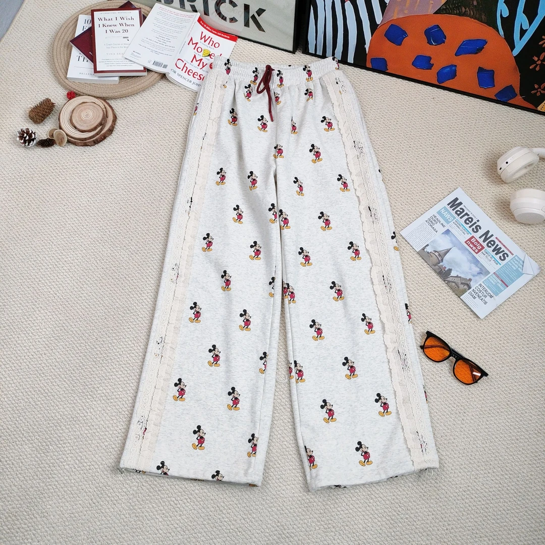 2024冬季新款百搭卡通印花拼蕾丝边加绒加厚休闲裤8152