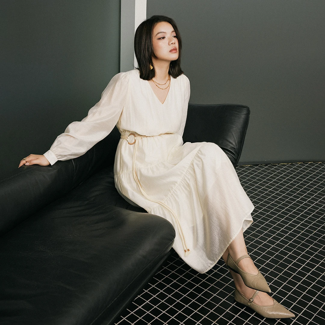 PLUSMALL 晨露白栀 混纺拼接设计感腰绳V领连衣裙PLUS2502073