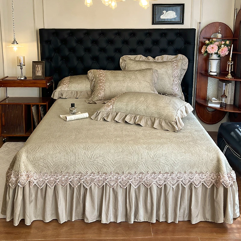 法式高端冰豆豆凉席床盖三件套蕾丝花边冰丝席床罩床裙夏被四件套