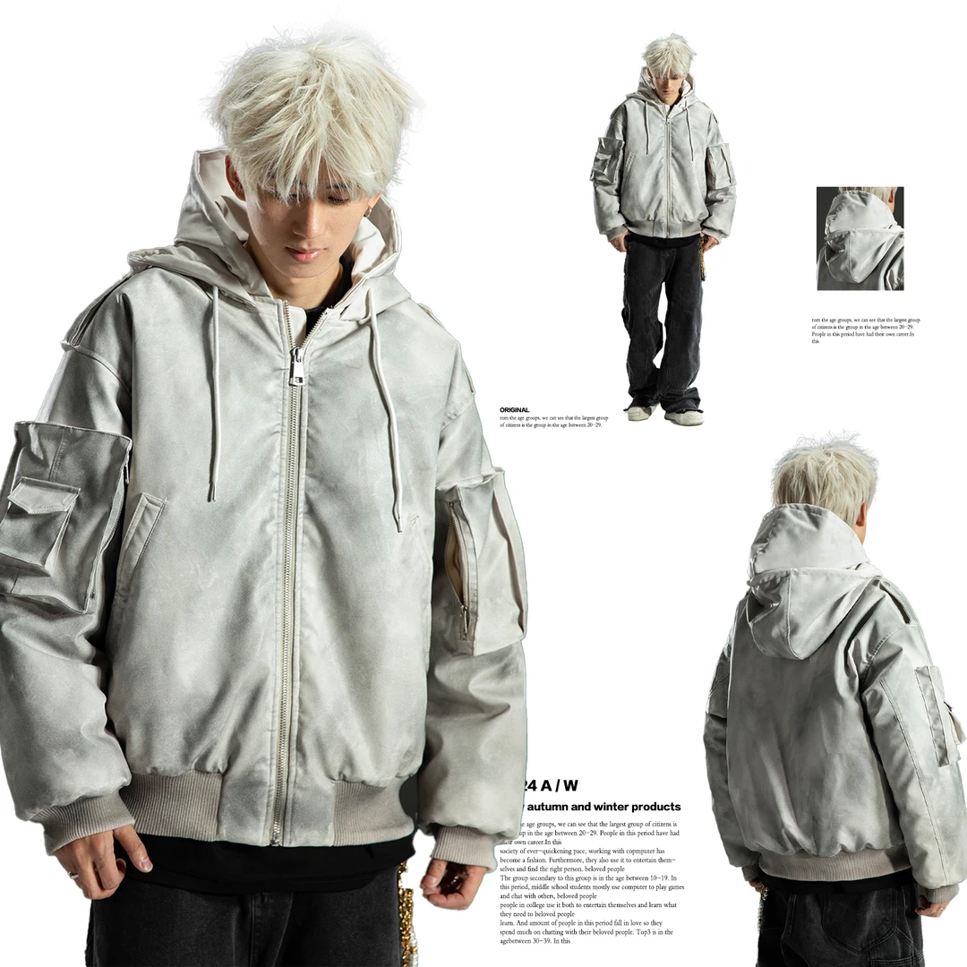 红人上新【双连帽设计】美式休闲多口袋工装棉服外套男宽松夹克8059