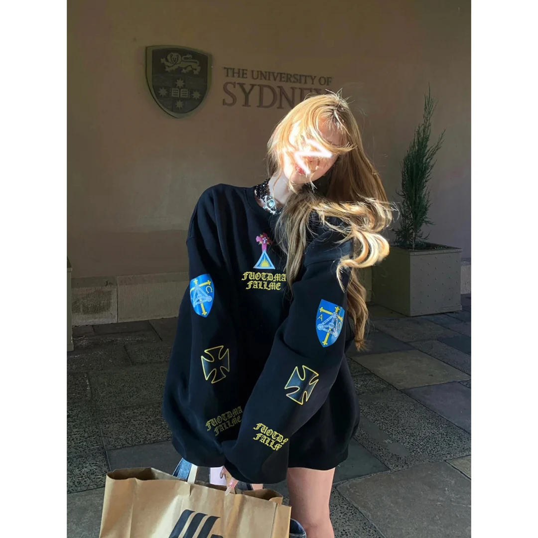 美式复古慵懒风圆领长袖卫衣女设计感休闲时尚百搭潮流印花上衣