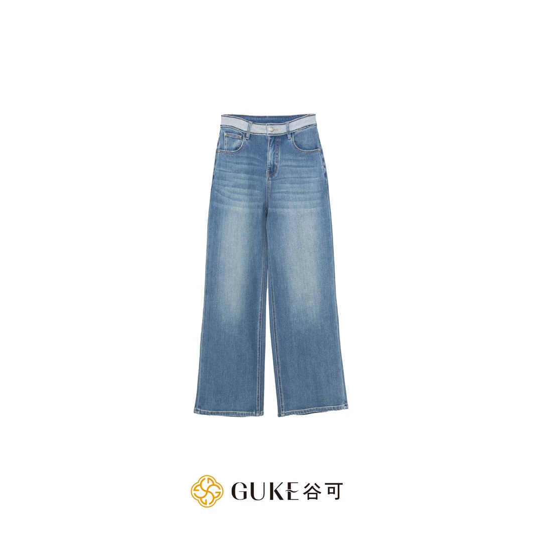 GKE/谷可K1079蓝色直筒牛仔裤2025新款高腰显瘦水洗百搭休闲裤子