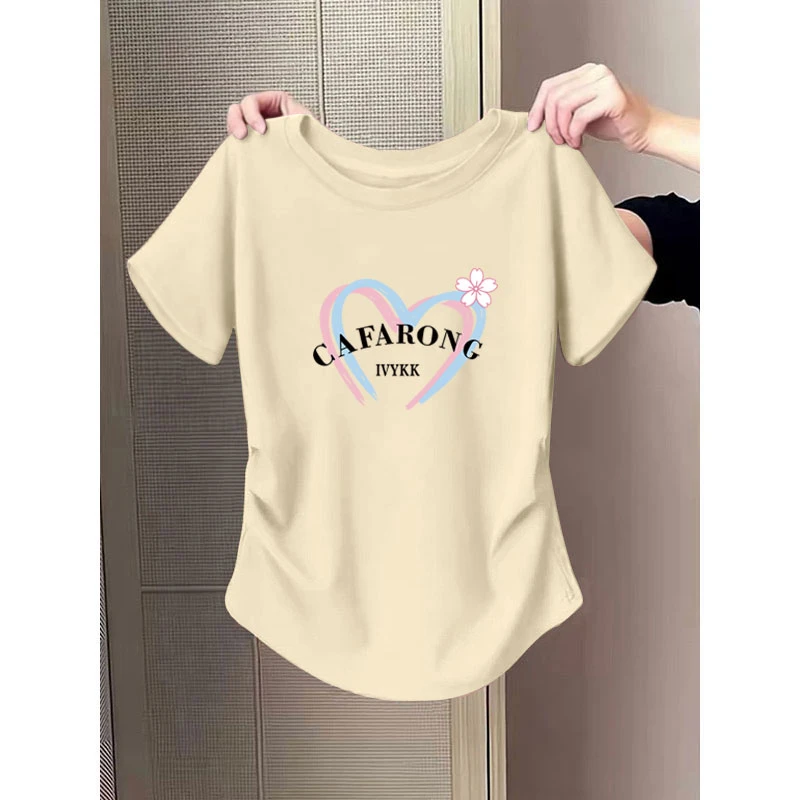 韩系穿搭浅绿色t恤女短袖夏季正肩设计感字母印花修身收腰体恤衫