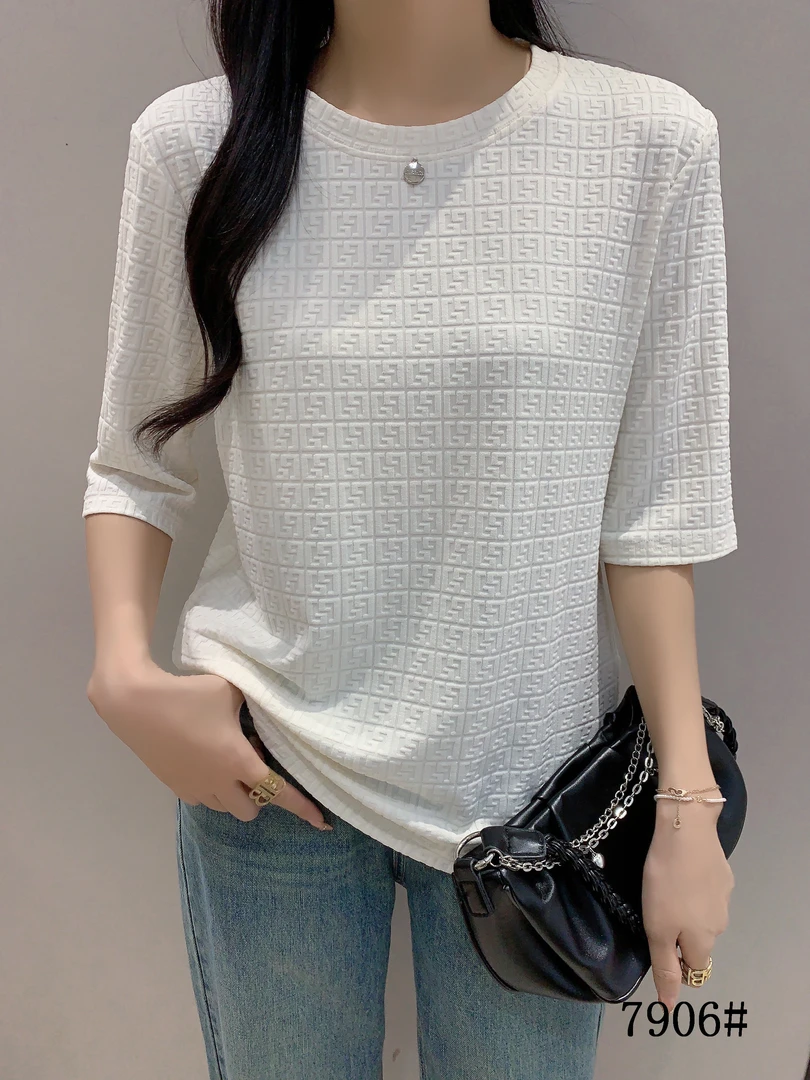 圆领中袖纯色螺纹T恤打底衫7906