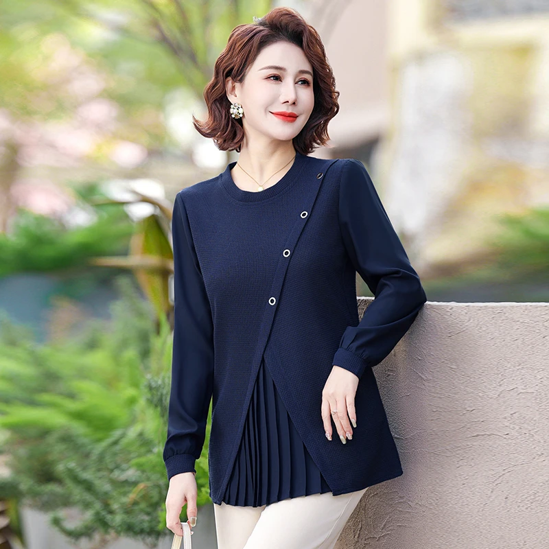 时尚薄款纽扣常规款中老年女装显瘦春秋韩版连衣裙秋装打底衫