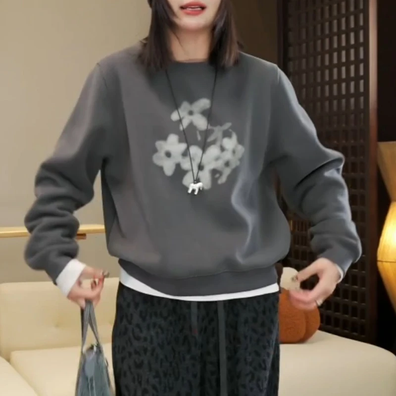 【花朵印花加绒加厚卫衣】秋冬新款保暖百搭套头卫衣LK2508567