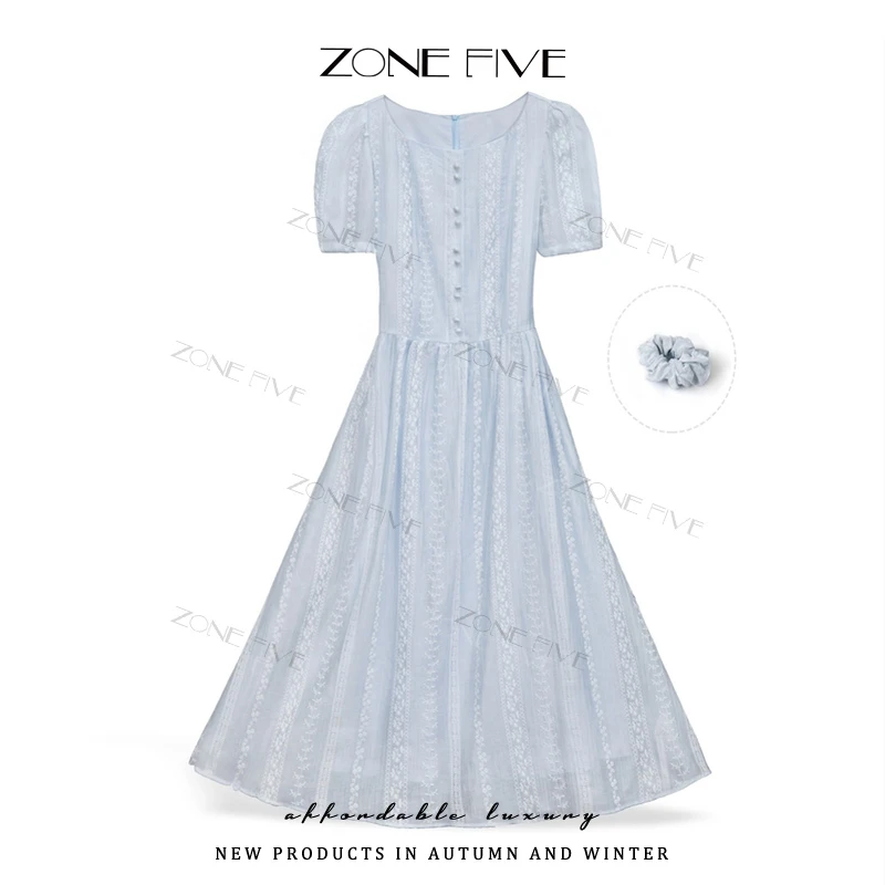 2025夏季新款法式泡泡袖高级收腰连衣裙-送发箍8112