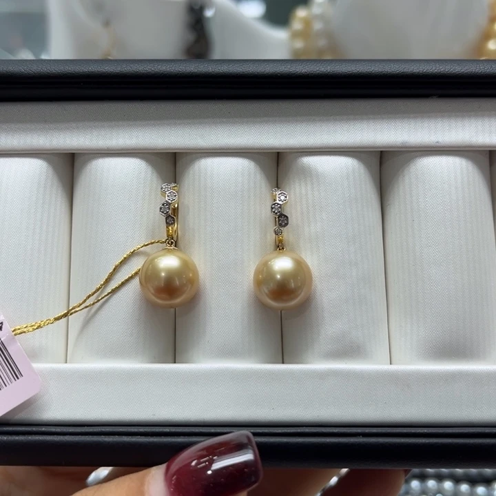 海水珍珠耳饰18K金镶嵌11-12mm