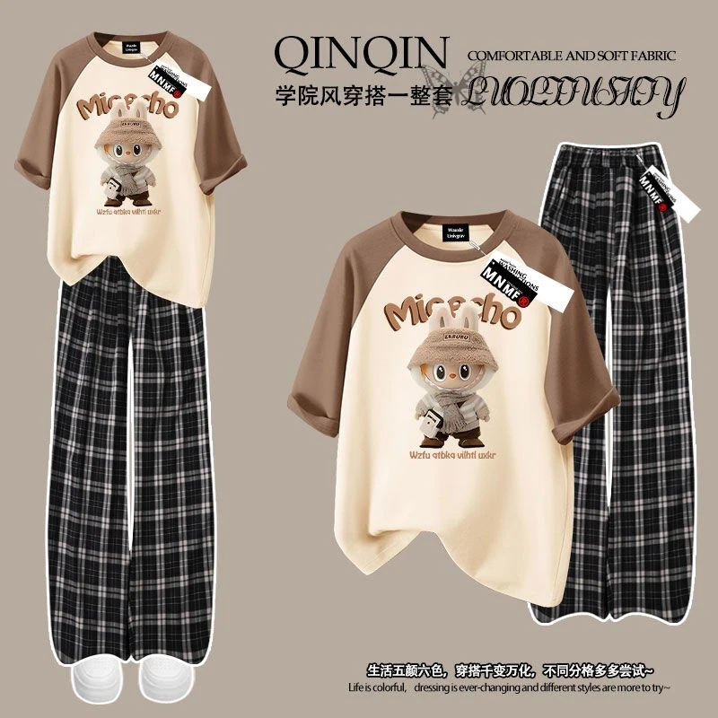泡泡玛特拉布布印花夏季新款男女童插肩t恤短袖格子裤中大童上衣