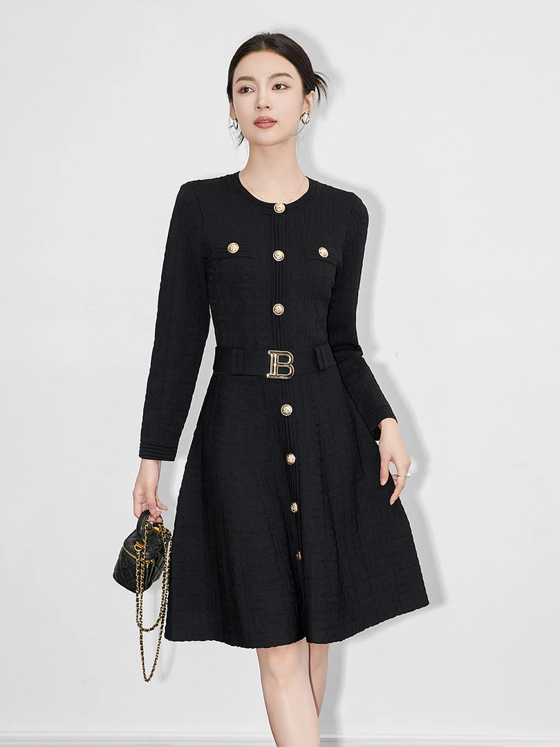 秋冬国风复古排扣女装爵士提花针织抽绳收腰中长衬衫式连衣裙显瘦