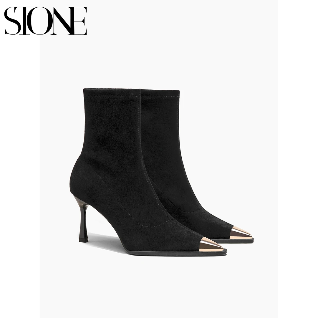 石头家黑色高跟靴子女冬拼接金属尖头绒面袜靴细跟弹力瘦瘦靴短靴