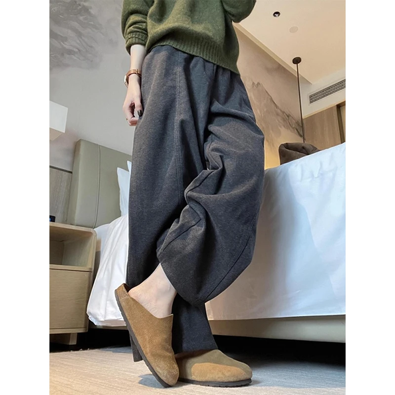 耶古日系黑灰色加厚毛呢阔腿裤秋冬季垂坠感休闲裤高腰显瘦梧桐裤