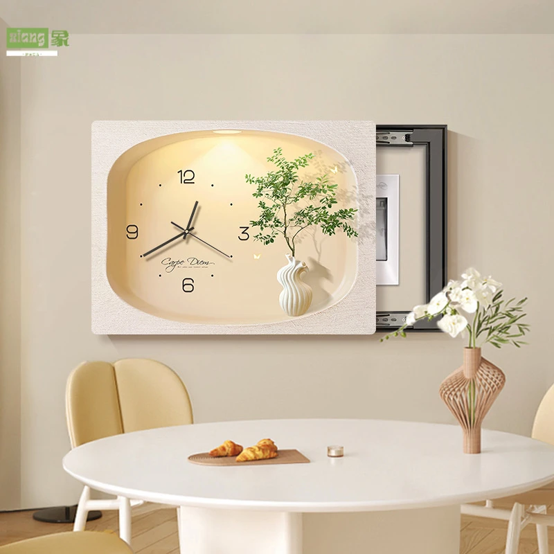 电表箱装饰画带钟表奶油简约配电箱盒挂画2024新款免打孔遮挡壁画