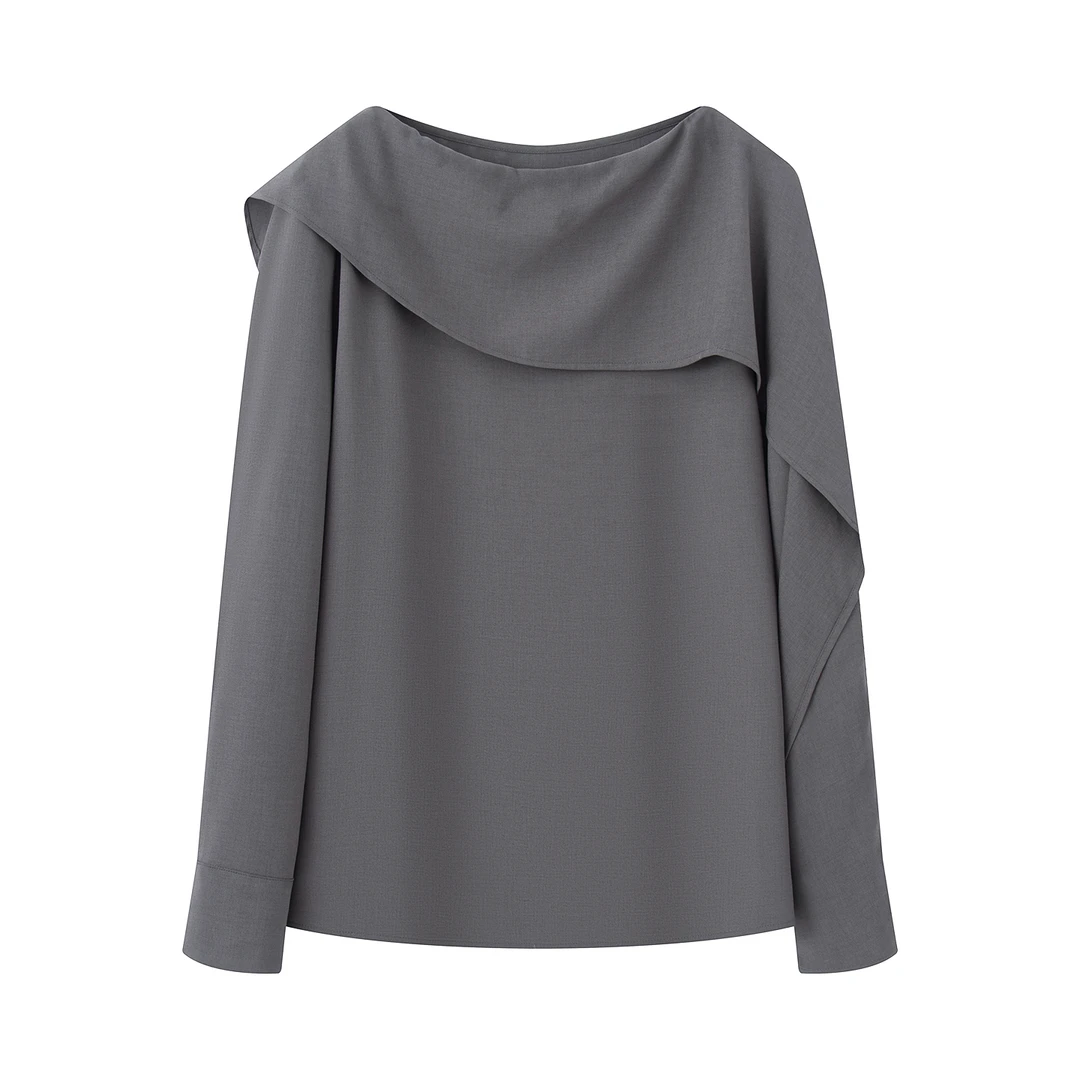 2025年秋季新款时尚休闲宽松气质百搭显瘦冰川灰长袖衬衫上衣女