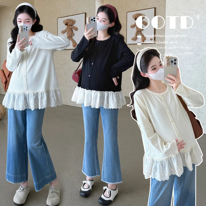 孕妇秋装2025新款时尚休闲甜美上衣宽松拼接花边小香风孕妇娃娃衫