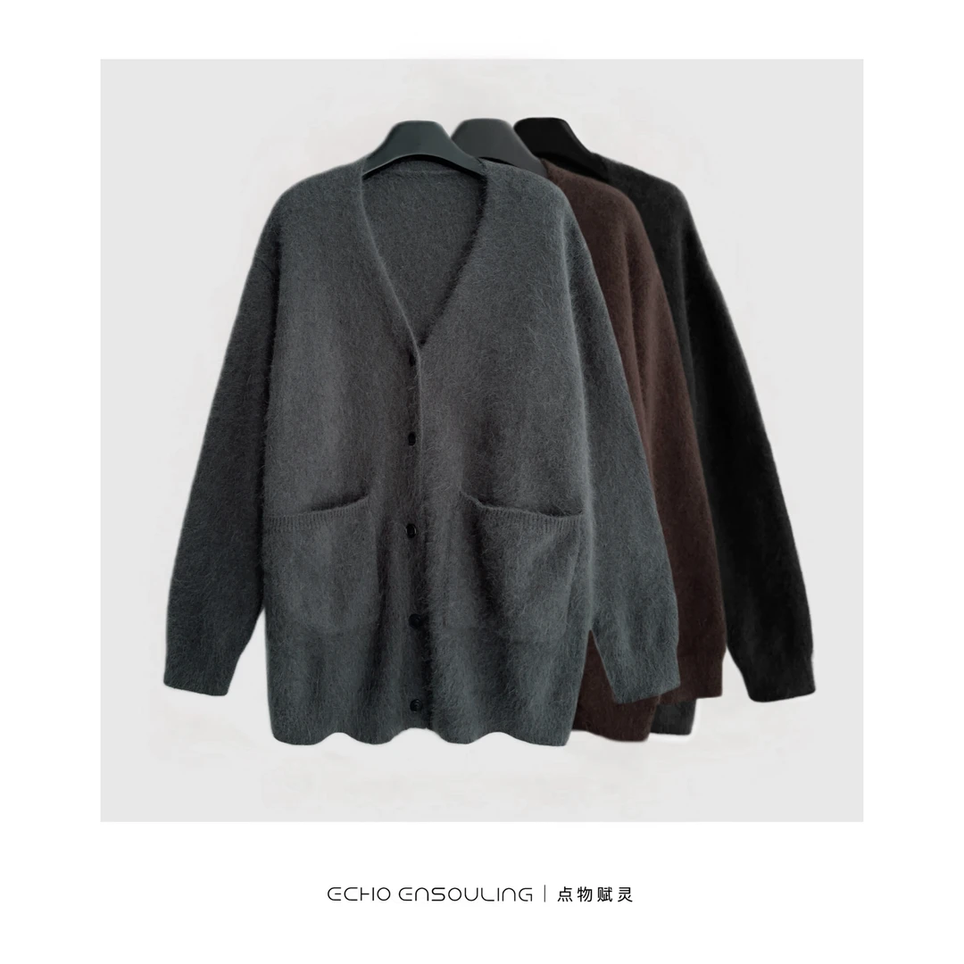 ECHO ENSOULING/点物赋灵E11051｜水獭绒V领显瘦开衫短款