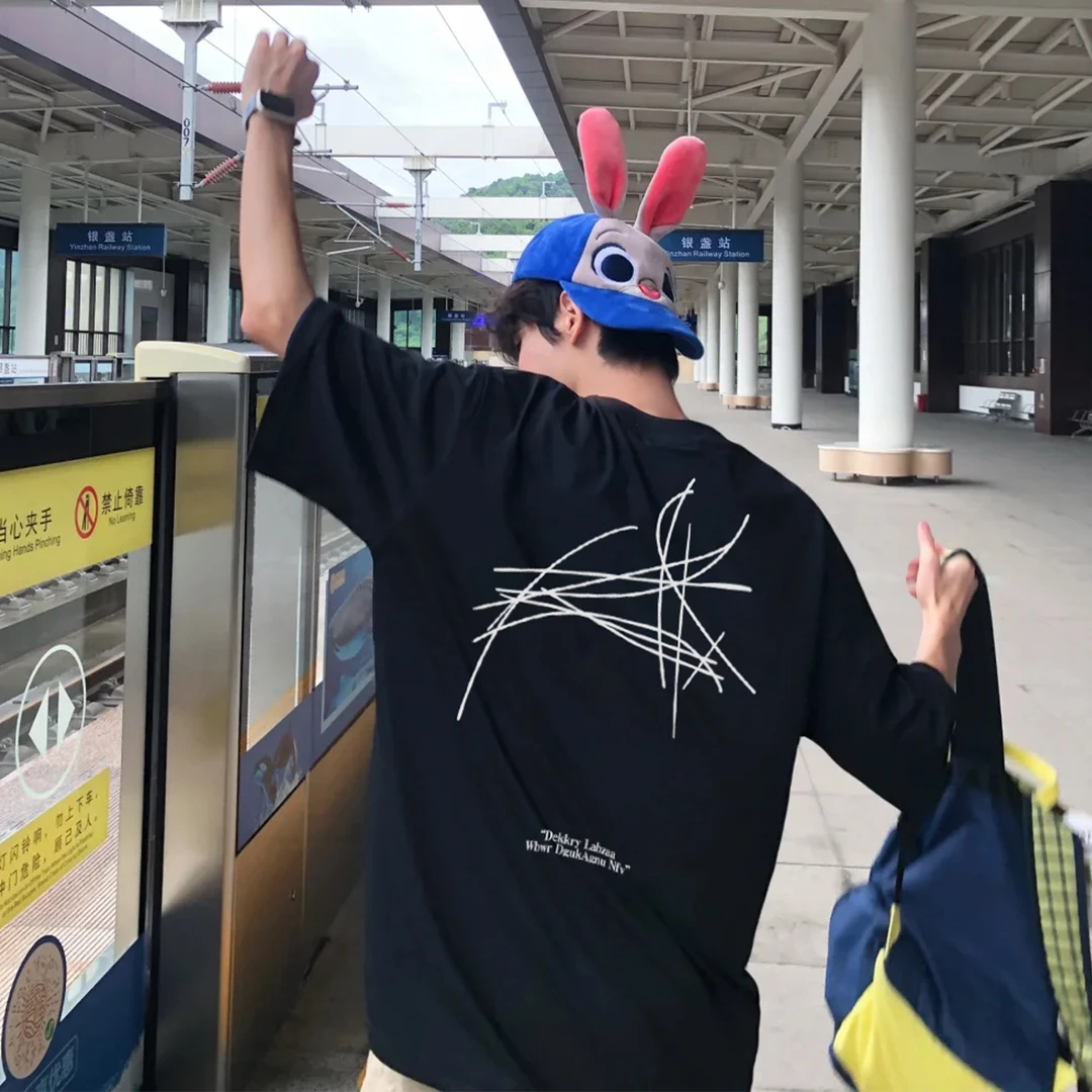 100%纯棉美式创意线条字母印花短袖T恤夏季男女休闲百搭情侣上衣