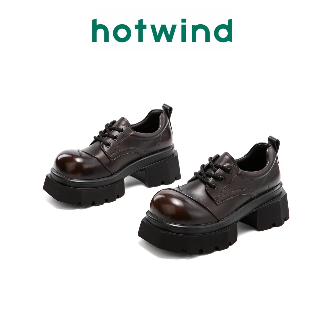 Hotwind/热风春季布洛克风格乐福鞋女纯色系带圆头中厚底女鞋