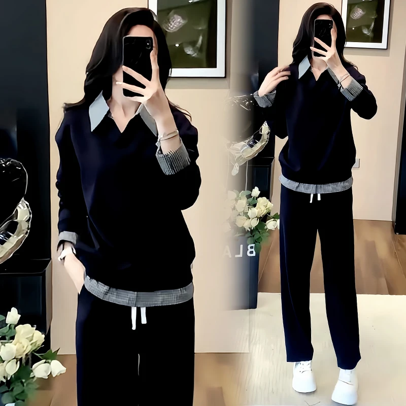 高含棉洋气减龄休闲套装女2025年春秋新款假两件上衣阔腿裤两件套