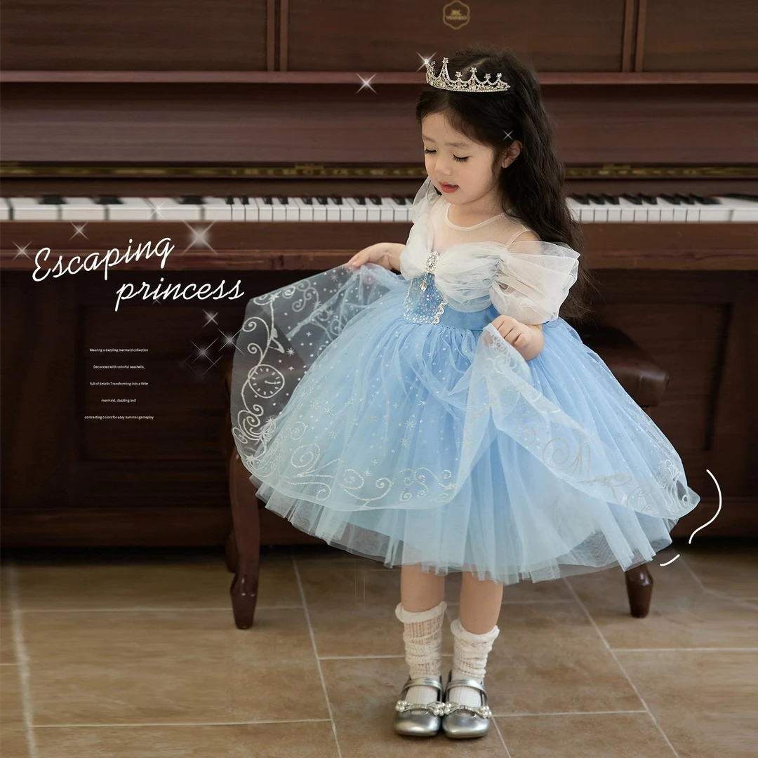 女童夏季连衣裙2025新款儿童爱莎公主裙宝宝生日礼服夏天艾莎裙子