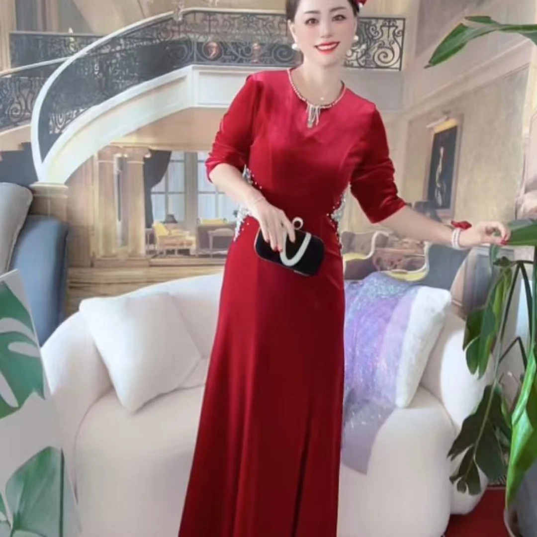 喜婆婆喜妈妈高定轻奢镶钻修身钉珠婚礼宴会连衣裙礼服秋冬