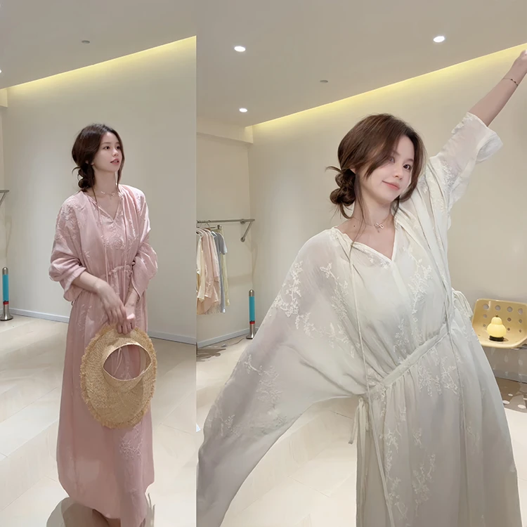 KB19重工棉麻刺绣抽绳收腰禅意连衣裙