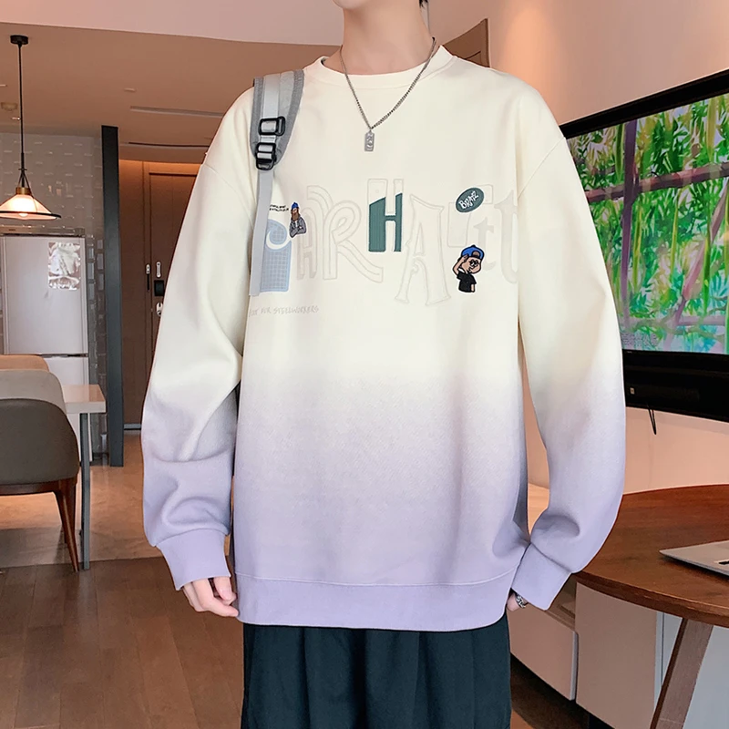 潮牌青少年早秋新款渐变色圆领卫衣设计感刺绣印花宽松舒适百搭款