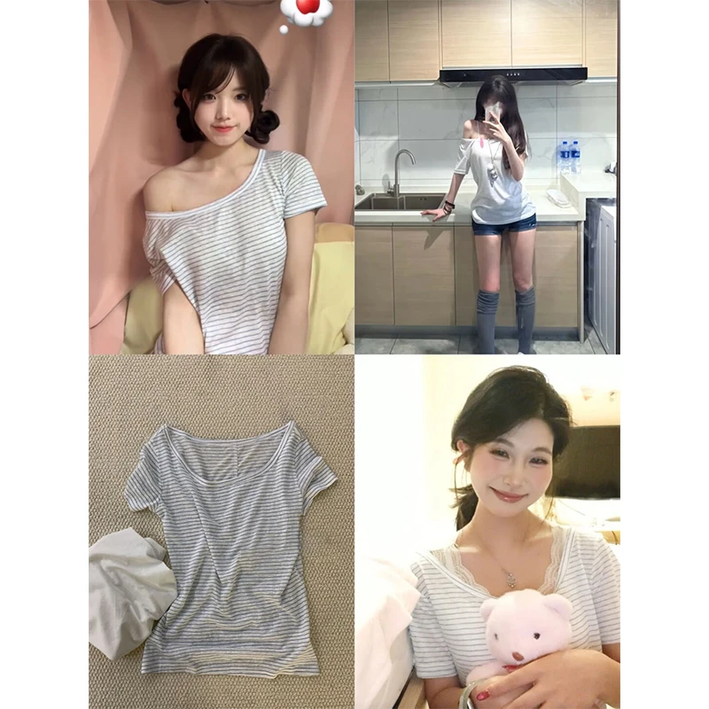 韩系斜漏肩条纹时尚短袖t恤女夏季慵懒风宽松百搭半袖洋气上衣ins