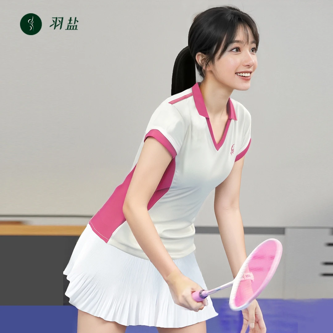 玫粉小飞袖V领吸汗透气速干羽毛球服网球服匹克球服短袖T恤显瘦