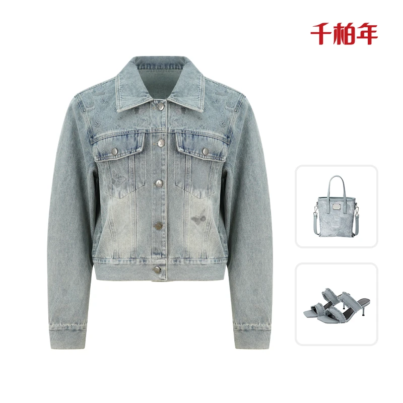 千柏年【幻蝶风尚】时尚精致蝴蝶刺绣甜美减龄显瘦牛仔外套-C1767