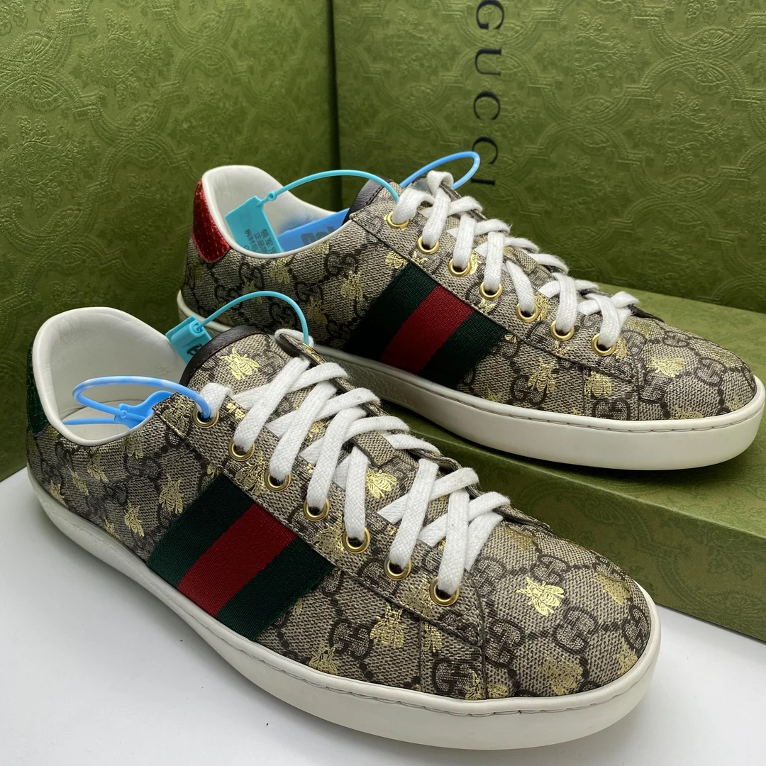 95新 GUCCI/古驰 41.5欧码/乌木色双G烫金蜜蜂休闲板鞋经典舒适