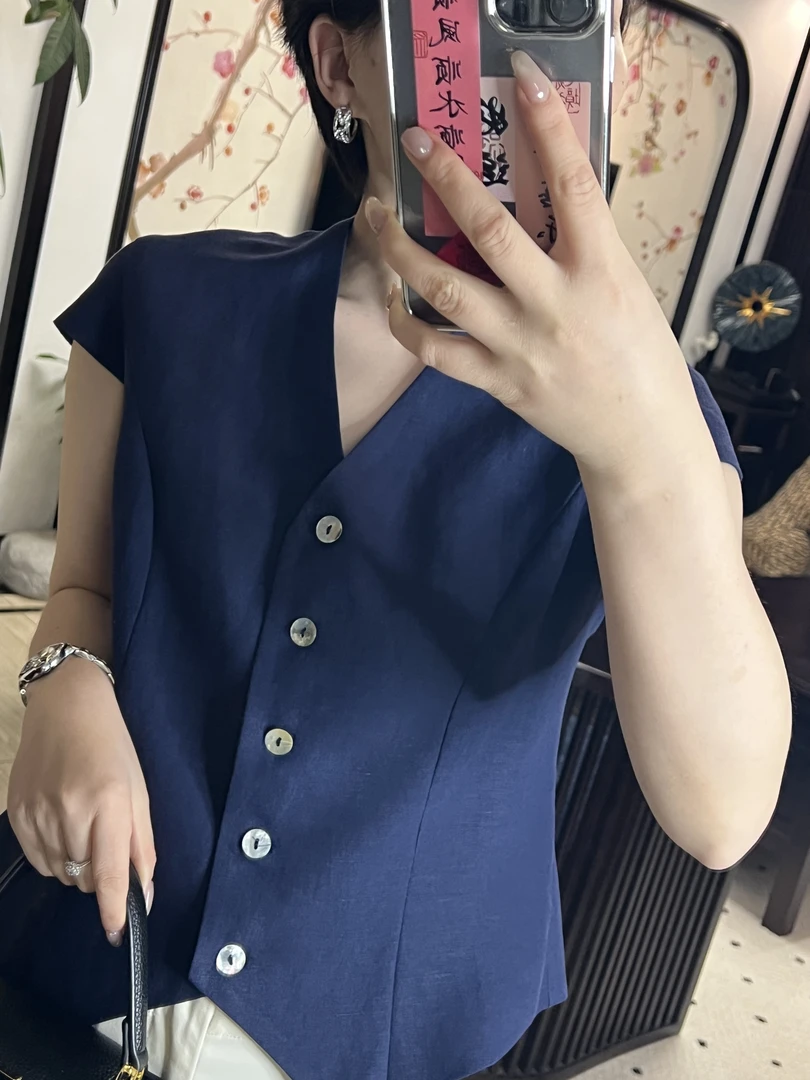 【安姬迩·自制】2025新款复古天然亚麻马甲女士夏季通勤外套