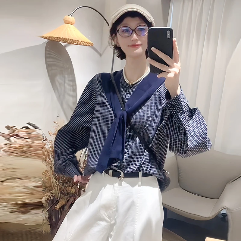 韩系潮流复古格子披肩衬衫套装2025早秋新款显瘦休闲减龄百搭上衣