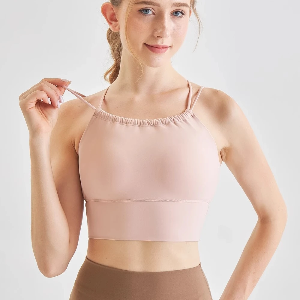 松紧褶皱运动瑜伽吊带一体式罩杯文胸少女交叉美背健身瑜伽背心夏