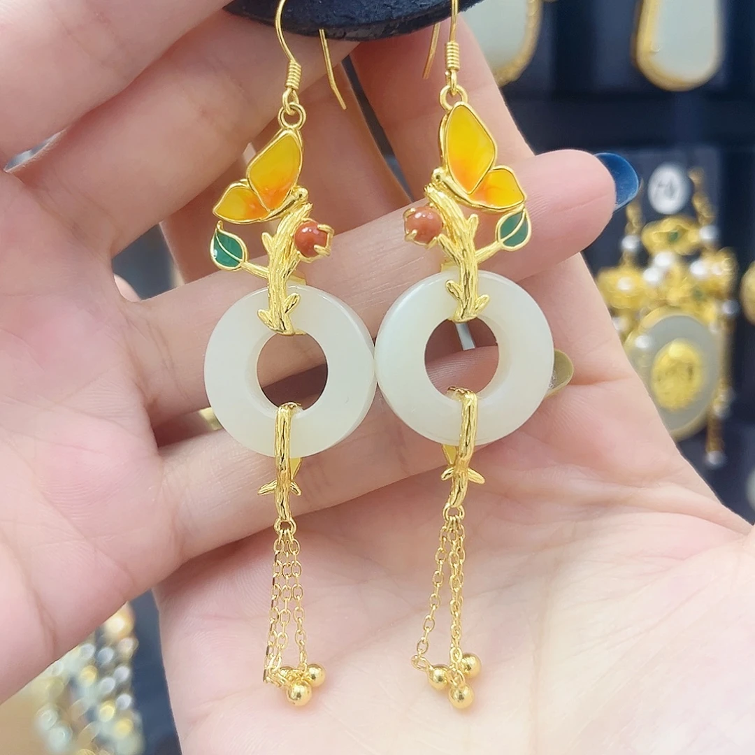 和田玉银S925镀金镶嵌耳饰