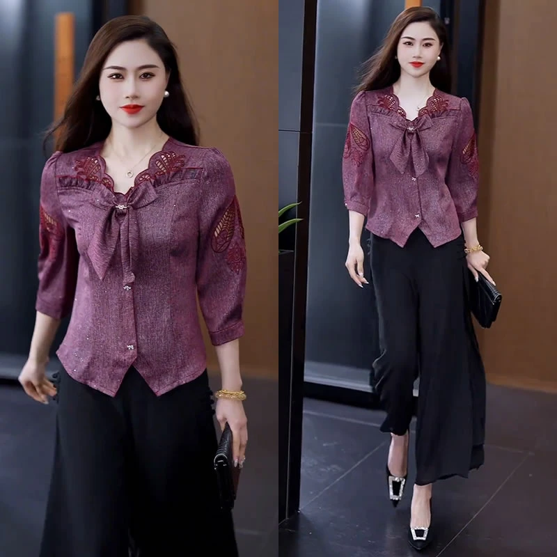 新中式高端设计感休闲打底衫2025春夏新款复古蕾丝小衫七分袖上衣
