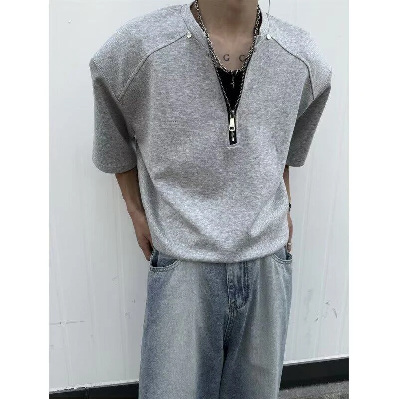 重磅320g半拉链垫肩短袖t恤男款夏季美式高街潮牌高级感五分半袖