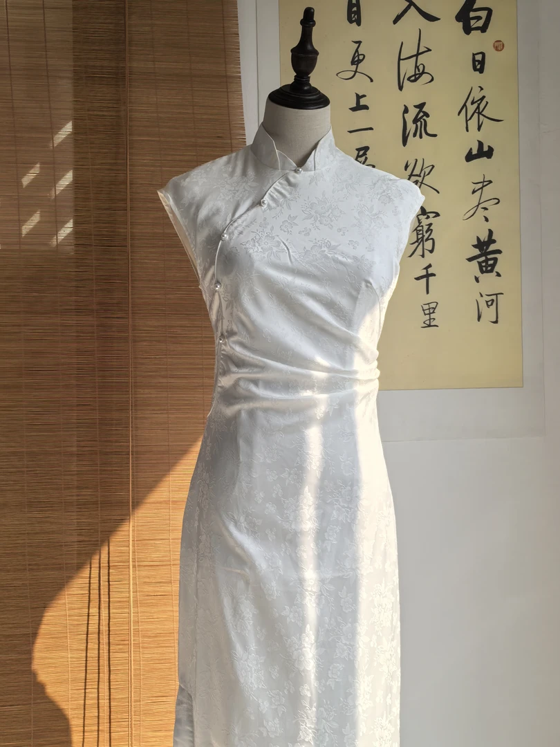 吴《北茉莉》夏季新款气质收腰白色极简风旗袍 衣长125设计师款双层