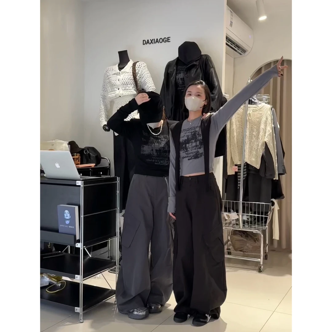 【小个家】“态度裤”黑灰两色裤脚抽绳调节个性口袋工装休闲裤