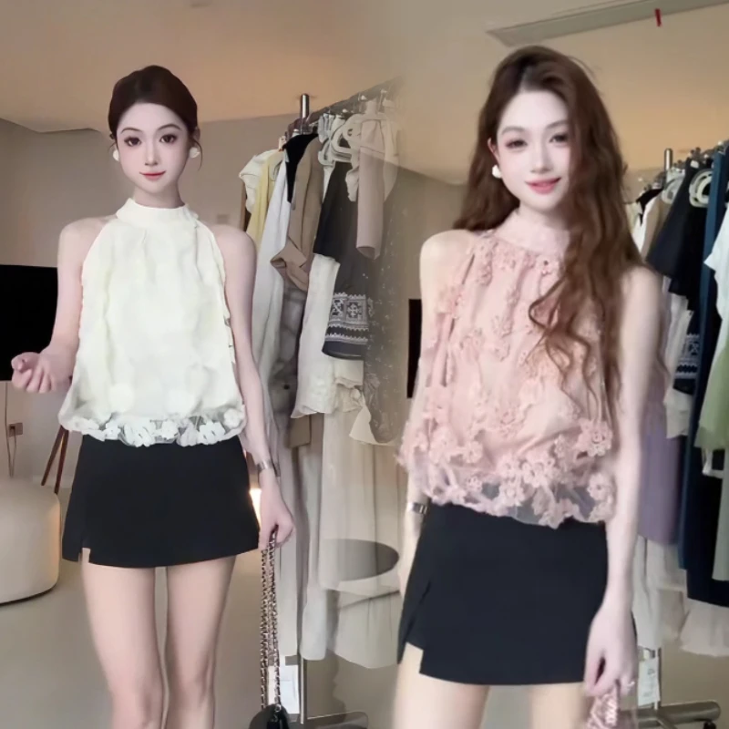 2025显瘦立体刺绣花朵小衫夏季新款气质无袖圆领休闲上衣女装