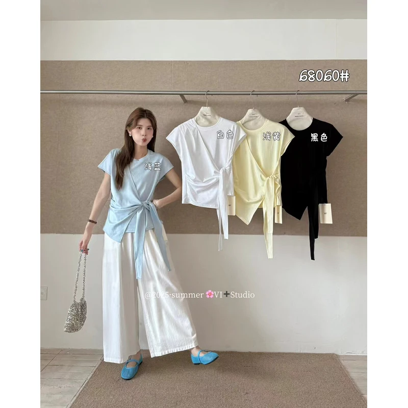 设计感压褶绑带设计短袖T恤侧压褶显瘦圆领小衫