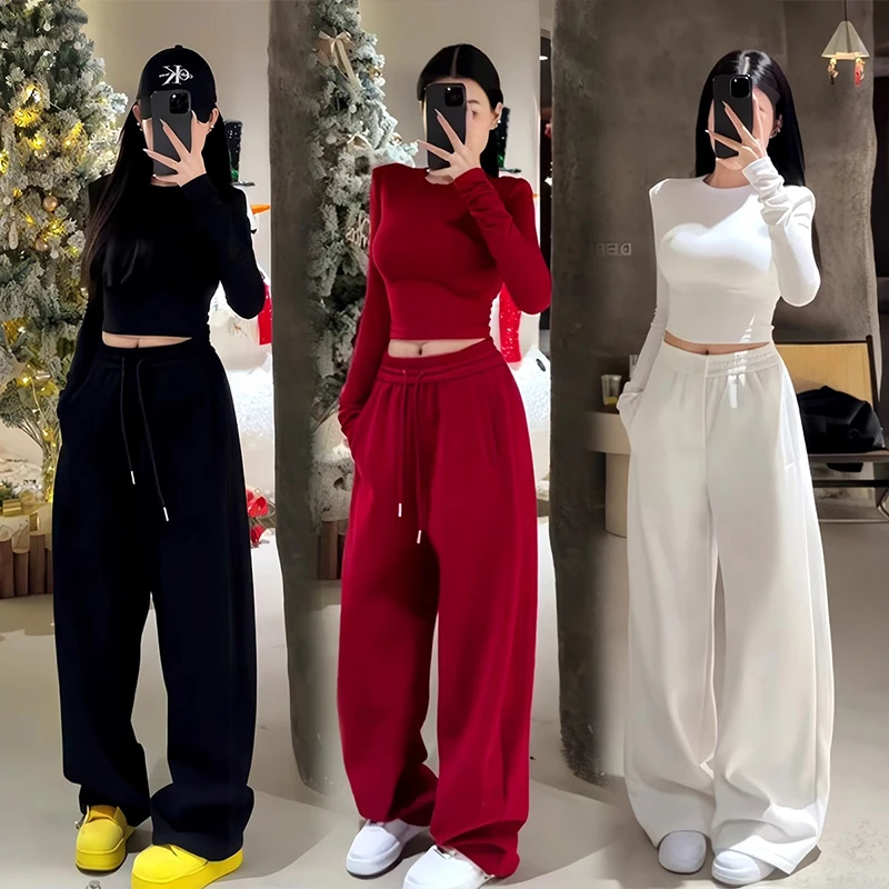 韩版圆领短款长袖T恤女春季新款高级感收腰显瘦上衣休闲裤两件套