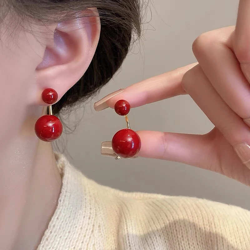 合金仿珍珠耳饰 高级感复古红色珠珠耳钉小众耳环气质百搭耳饰