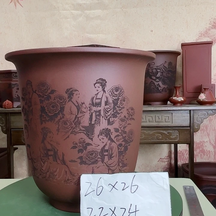 紫砂花盆刻绘金陵十二钗